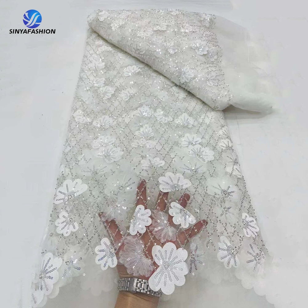 

Sinya White African Nigerian 3D Lace Fabric 2024 High Quality French Tulle Embroidery Luxury Beaded Lace Fabric Bridal Wedding