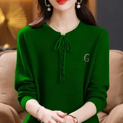Women Korean Fashion Lace-up Elegant Temperament Knitted Sweater Autumn Winter Chic O Neck Long Sleeve Solid Loose Pullover Tops