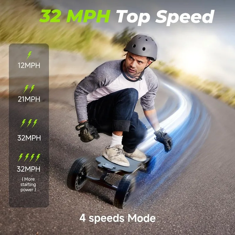 Skateboard elettrico fuoristrada con telecomando, motore brushless 3000W/1200W, velocità massima 32/30 Mph e portata 28/12 miglia, elettrico