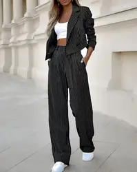 Striped Blazer Coat & Straight Leg Pants Set Women Coats Pant Sets Two Piece Suit Turn Down Collar Jackets Midi Waist Trousers