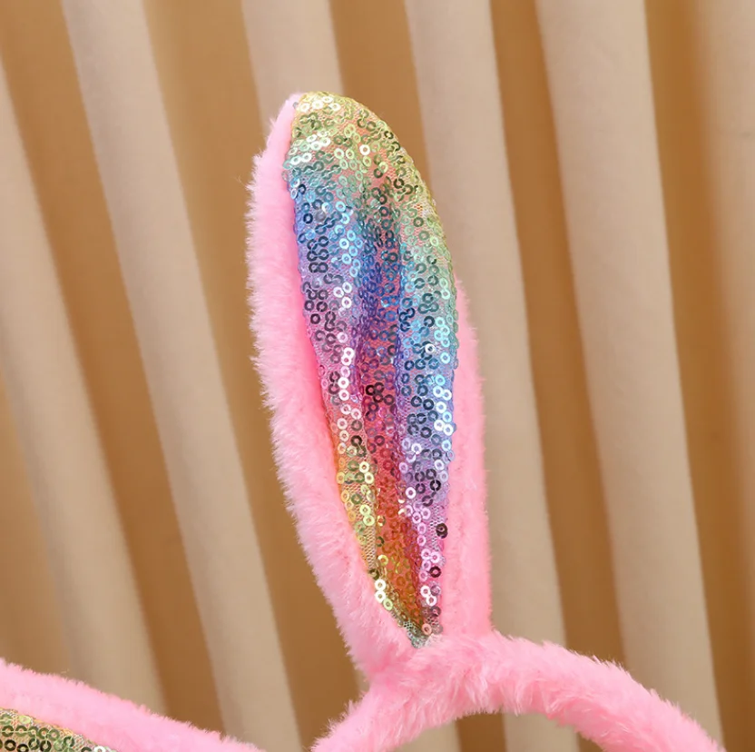 300pcs Sequin Bunny Ears Headband For Girls Women Easter Birthday Party Rabbit Plush Hair Bands Decorations