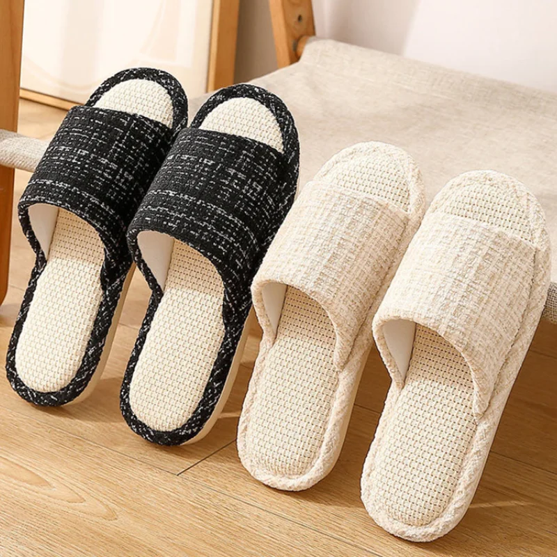 

Spring Summer Breathable Linen Home Couple Slippers Women Trend Stripe Soft Soles House Slippers Woman Comfortable Sandals Slide