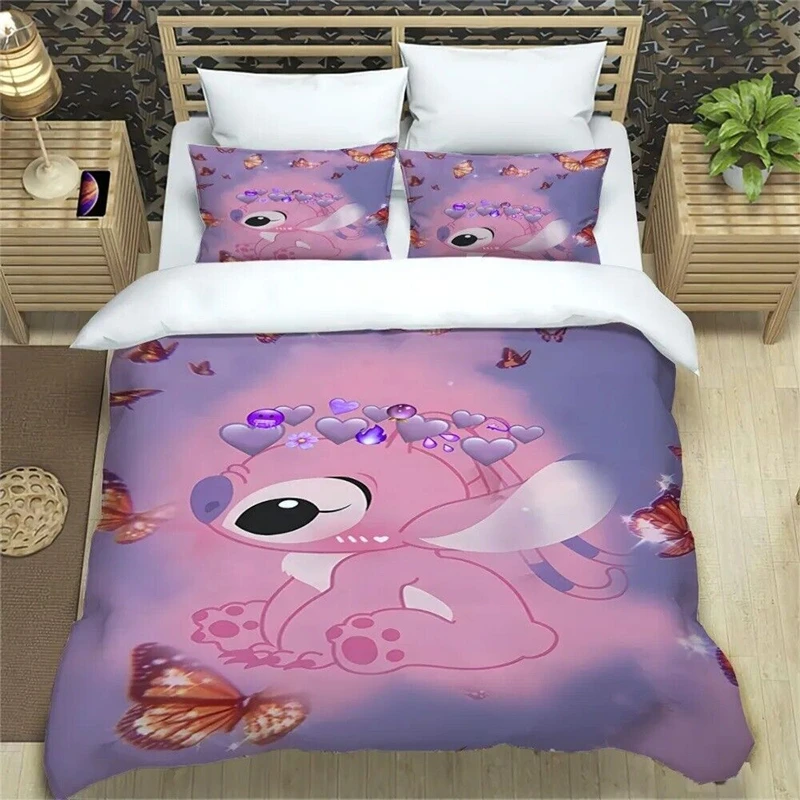 Ensemble de literie dessin animé Stitch pour enfants et adultes, housse de couette, taie d\'oreiller, lit double, cadeau pour fille, décoration de