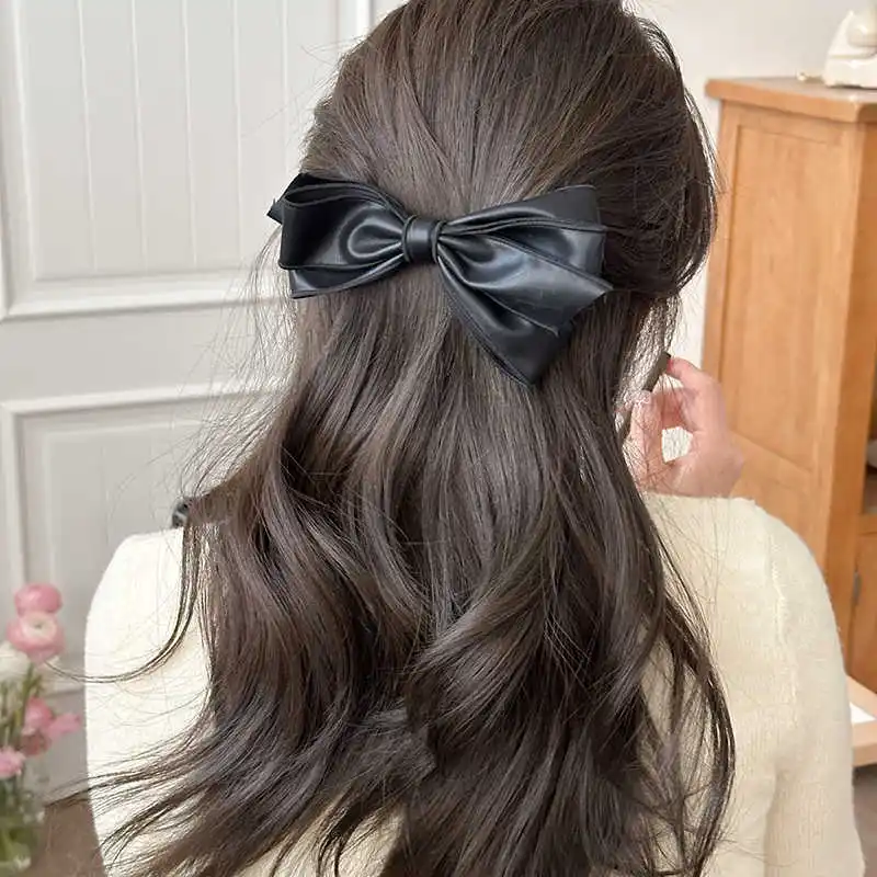 

Заколка для волос премиум-класса из мягкой кожи с бантом на затылке, темперамент, элегантный веер Хан, полувязочный пружинный зажим, зажим для хвоста