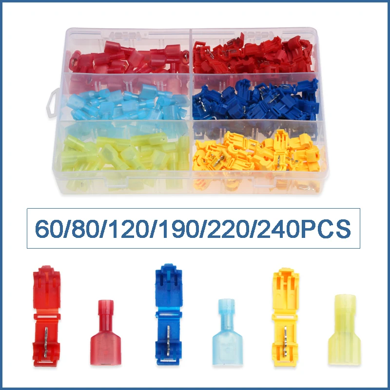 60-240Pcs Wire Cable Connectors Terminals Crimp Scotch Lock Quick Splice Electrical Car Audio 0.5-6.0mm 22-10AWG Kit Tool Set
