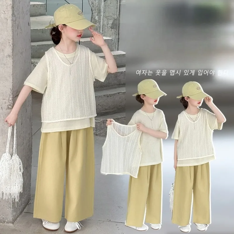 

Girls Summer Clothing Set Fashion Children Lace Vest + Short-Sleeve+Straight Pants Three-Piece Sets 2025 New