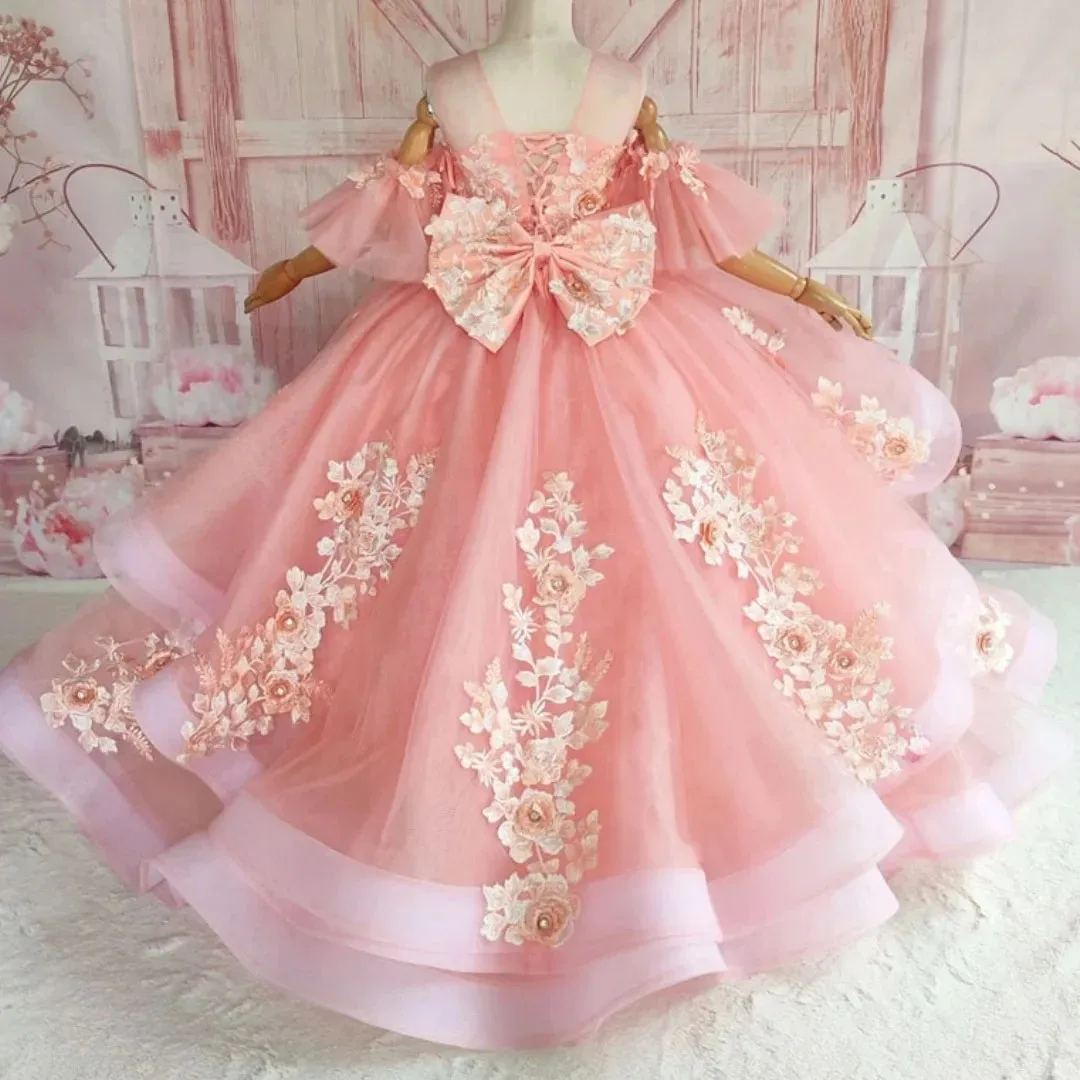 

Pink Flower Girl Dress For Wedding with Bow Lace Appliques Floral Girl Birthday Party First Holy Communion Gowns Customized