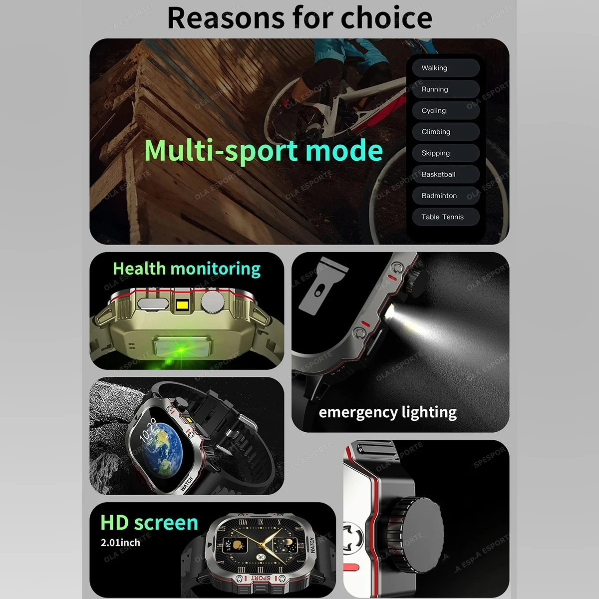 군사 스포츠 스마트 시계 2.01 "HD 터치 스크린 블루투스 통화 LED 손전등 남성 여성을위한 다기능 야외 Smartwatch