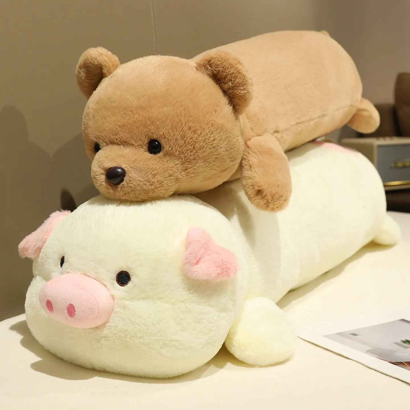 

Big Size Lying Prone Animal Plush Toys Cartoon Piggy Rabbit Bear Raccoon Long Throw Pillow Soft Cozy Sleeping Pillow Room Decor