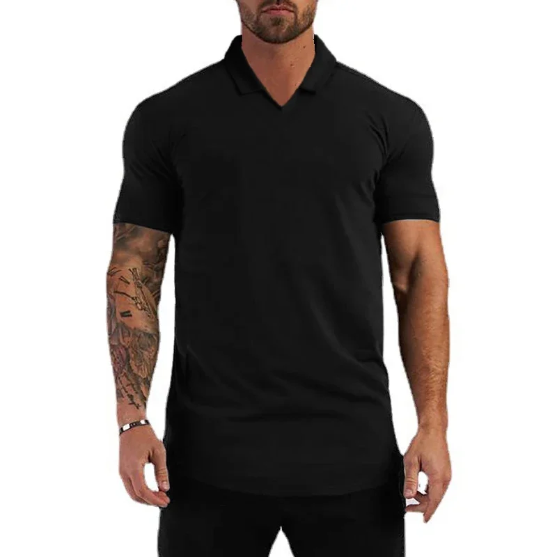 Plain Mens Casual Fitness Polo Shirts Summer Sports Cotton Short Sleeve Slim Fit Polos Gym Bodybuilding Muscle V-neck T-shirts