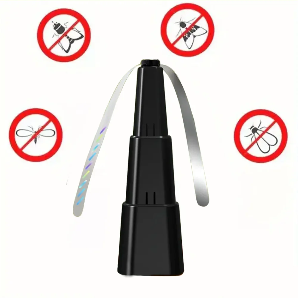 1. Ventilateur anti-moustiques portable, alimenté par piles, avec pales réfléchissantes, sans produits chimiques, structure en matériau ABS, nécessite 2 piles AA.