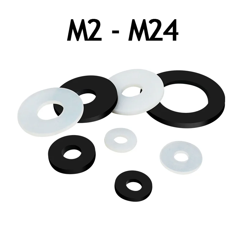 500/200/100/50/20pcs Black/ White Plastic Nylon Flat Washer Plain Spacer Insulation Gasket Ring M2 M2.5 M3 M4 M5 M6 M8 M10 - M24