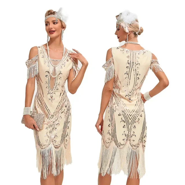 2024 New Vintage Great Gatsby Party Dress For Women Elegant Off Shoulder Sequin Beaded 1920s Flapper Dress Cocktail Vestidos