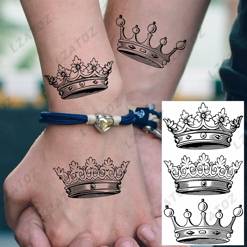 Black Crown Art Temporary Tattoos For Woman Man Compass Sun Moon Dragon Fake Tattoo Sticker Hand Water Transferable Tatoos