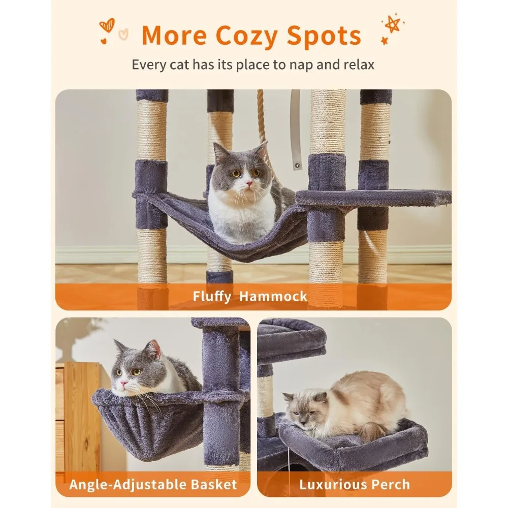 Taoqimiao Cat Tree, 66.2 นิ้ว Cat Tower สําหรับแมวในร่ม, Plush Multi-Level Cat Condo พร้อม 12 Scratching Post, 2 Perches, 2 Cave