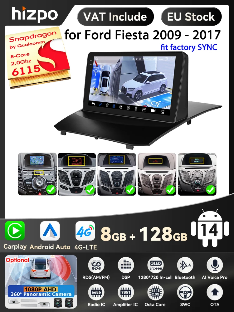 Hizpo Carplay 4G Android 14 Autoradio Multimedia Video Player voor 2009-2013 Ford Fiesta 2014-2017 Fabriek SYNC GPS Navigatie BT - afbeelding 2