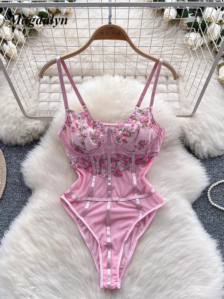 

Magdalyn Women's Clothing One Pieces Bodysuits Sexy Lingerie Sweet Flower Embroidery Rompers Sheer Combination Tight Jumpsuits