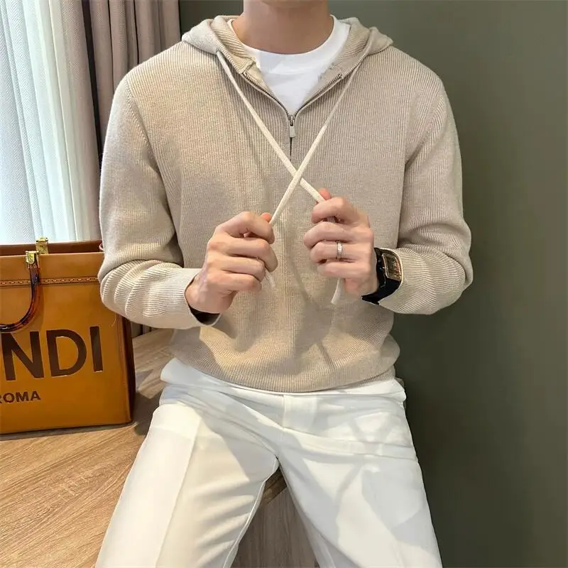 Casual off-the-shoulder knit hooded sweater pure cashmere men's semi-zipper relaxed simple versatile pullover sweater