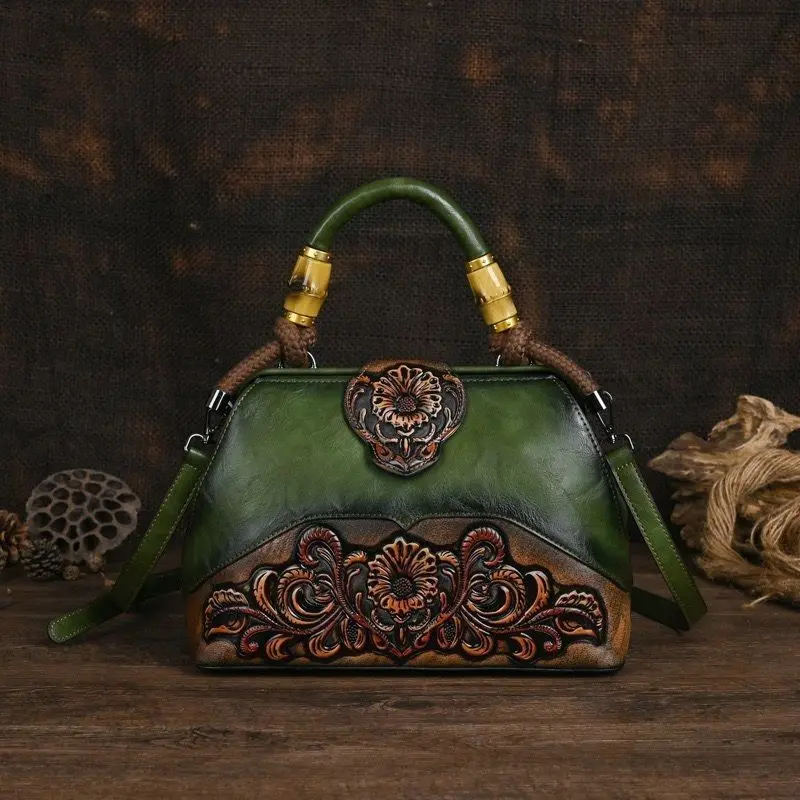 2026 New Portable Embossed Handbag Cowhide One Shoulder Bag Patriotic Mother Portable Messenger Bags Popular Ethnic Leather Pack