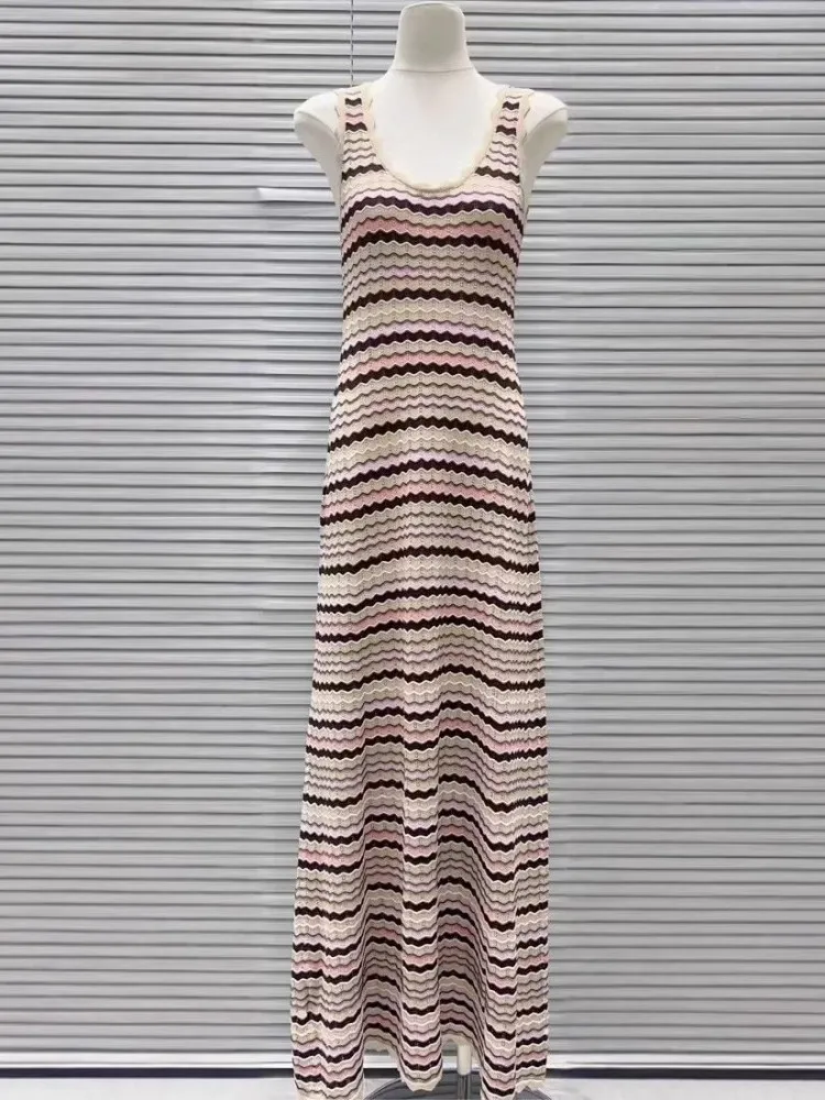 Summer Lady Colors Panelled Ripple Pattern Striped Holiday Beach Dress Knit Mid Calf Long Slim Fit Sleeveless Suspenders Dresses