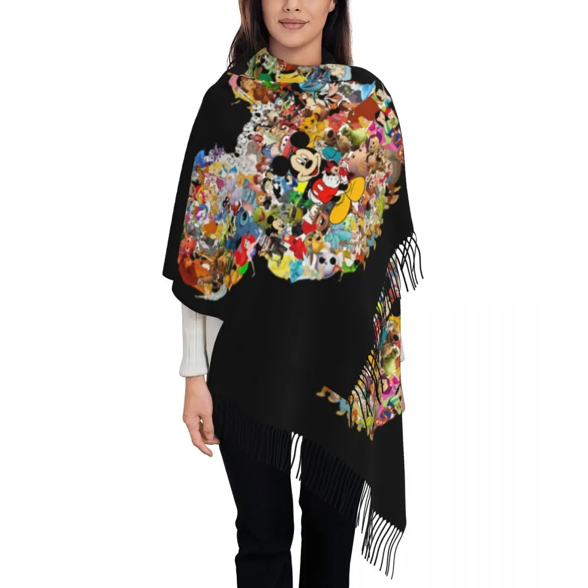 

Изготовленный на заказ шарф с Микки Маусом для женщин, длинные зимне-осенние теплые шаль с кисточками, шарфы унисекс