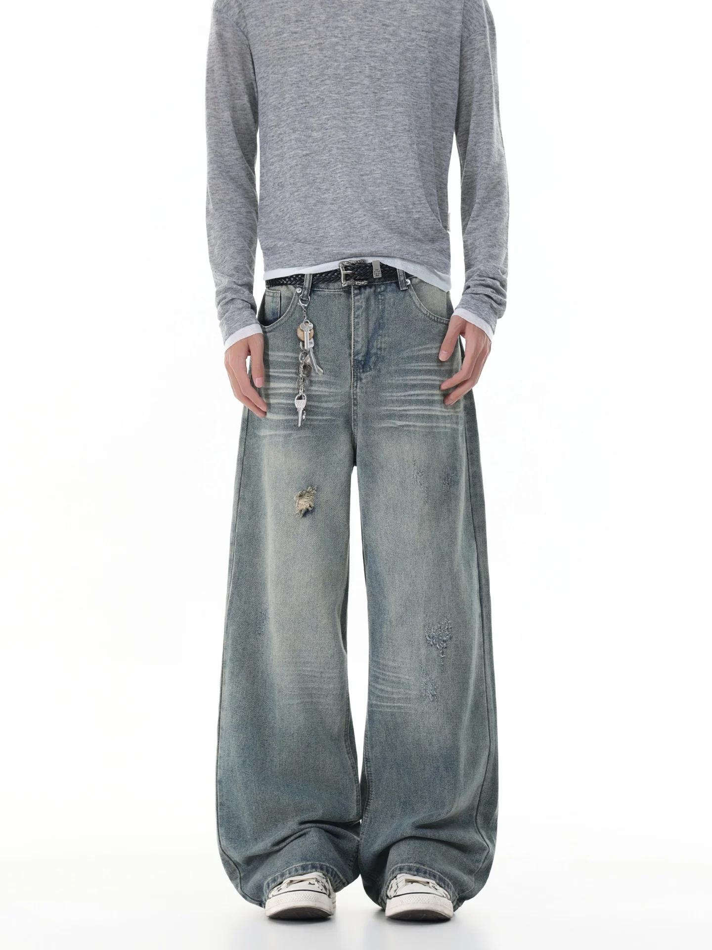 SDMADE American Retro Washed Ripped Denim Jeans Men's Loose Wide Leg Floor-Length Casual Long Trousers Cotton Blend Resistant...