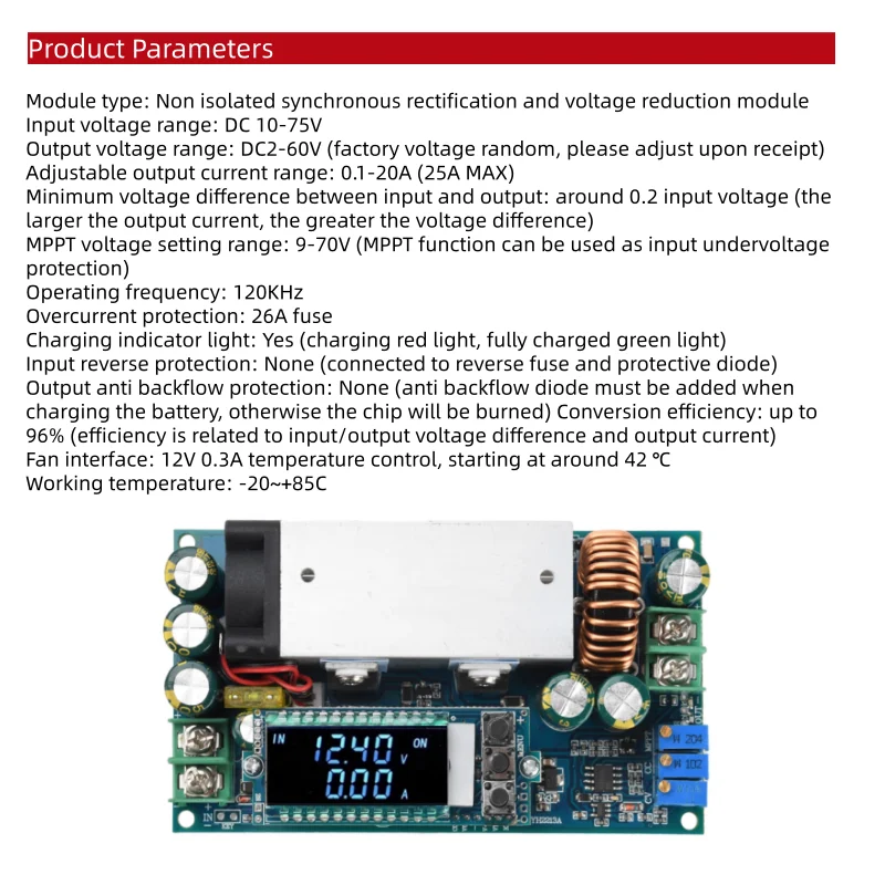 Módulo de carga de corriente y voltaje constante DC10-75V 20A con pantalla MPPT módulo de reducción de voltaje ajustable de carga solar
