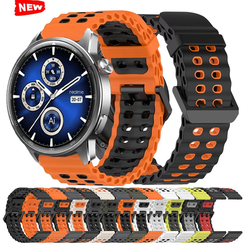 22mm Two-color Wave Silicone Watch Strap For Realme Watch S2 Watchband For Realme Watch S S Pro 2 2 Pro 3 3 Pro Sport Bracelet