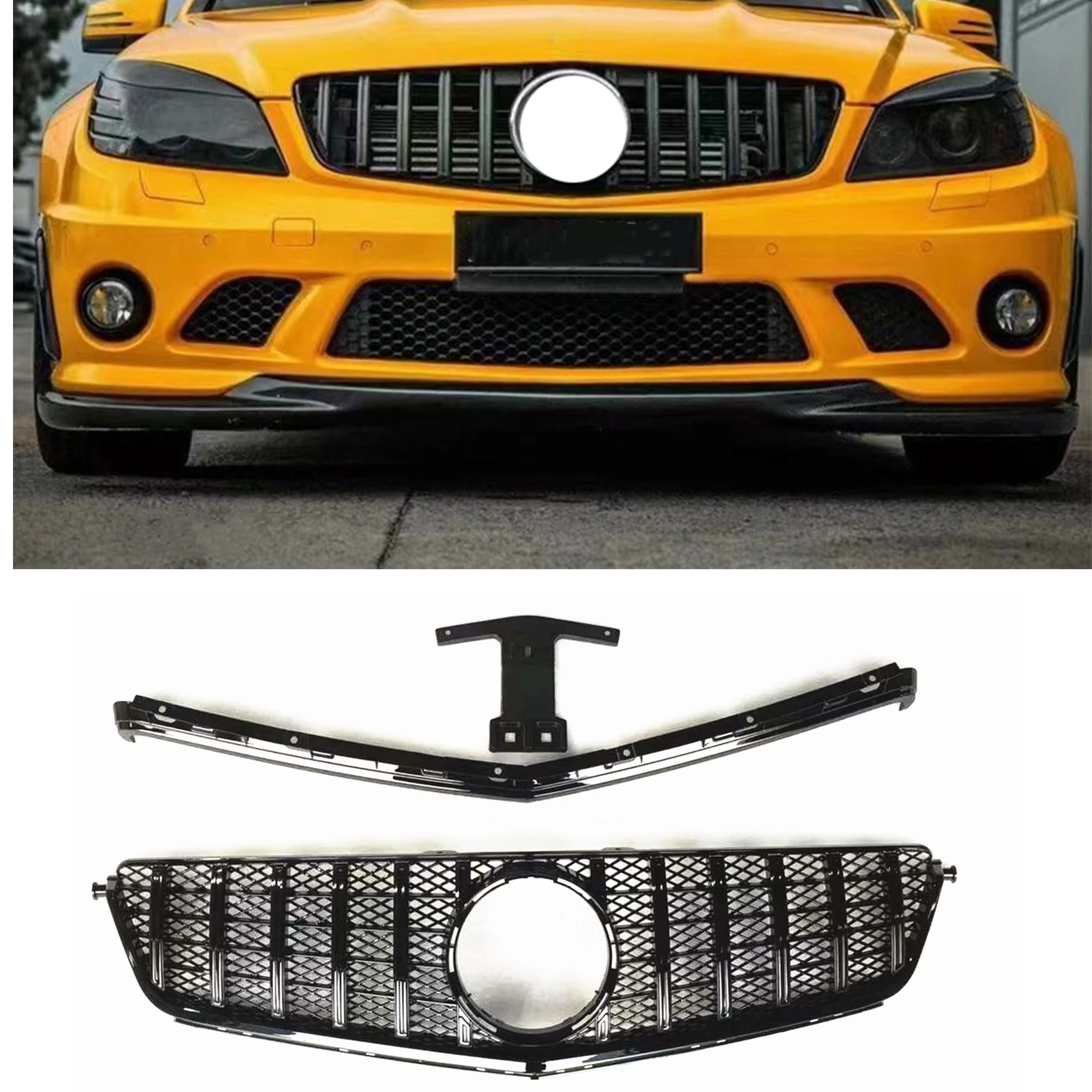 

Front Grille Grill For Mercedes-Benz C63 AMG 2008-2011 Only GT Black Car Upper Bumper Intake Hood Mesh Grid With Frame Bracket