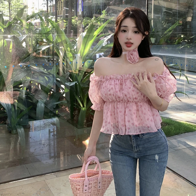 Women\'s Shirt Flower Print Korean Version Off Shoulder Appliqué Slim Sweet Expose Navel Puff Short Sleeve Blouse