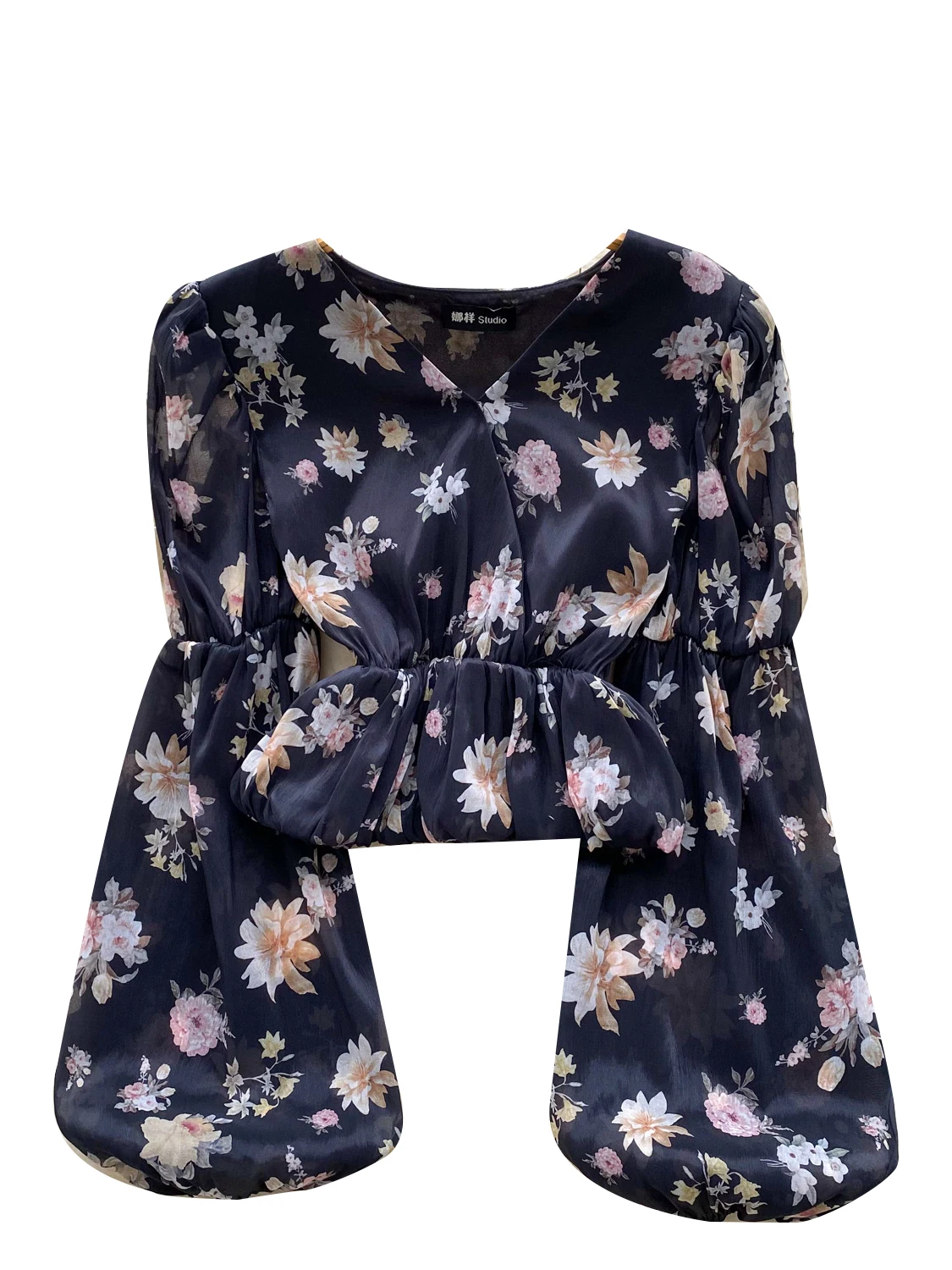 Ele V-Ne Lantern Sve Printed Me irt Women's Slimming Waist Cinched Top Korean Sle Loose Fit Long Sve irt