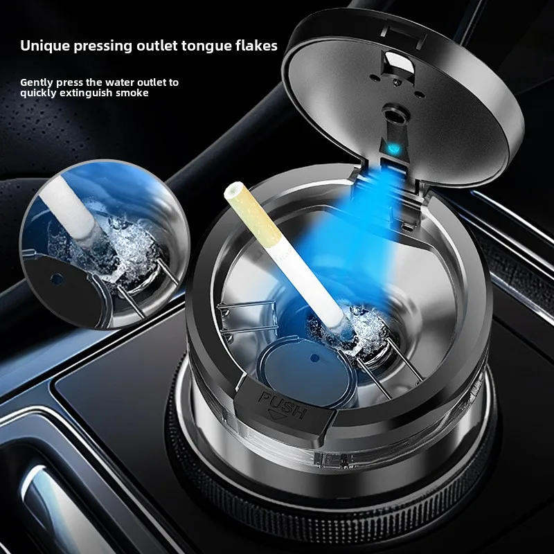 Car Ashtray with Creative Transparent Water Tank for Quick Smoke Extinguishing. One Click Opening Lid for Car Ashtrays