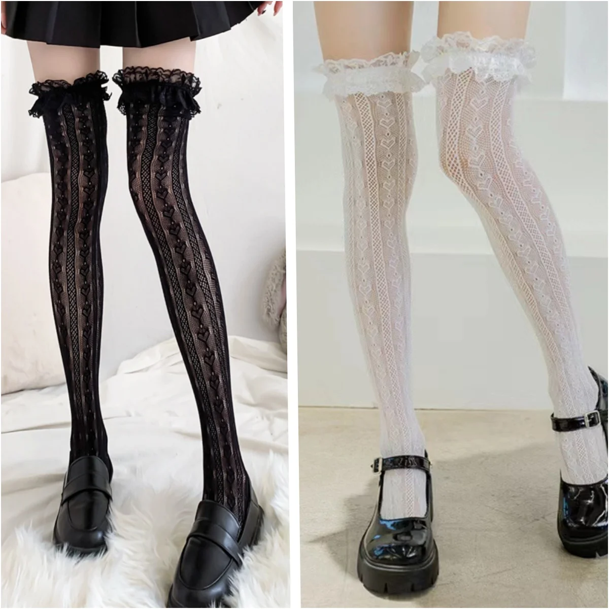 Damen Lolita Netzstrümpfe im japanischen Stil mit Herz- und Streifenmuster, Überkniestrümpfe für JK-Mädchen, Cosplay-Strümpfe