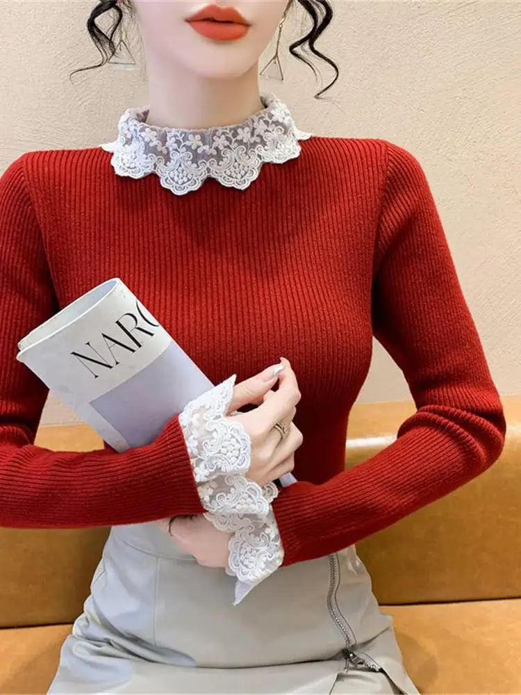 

Ele Lace Splice Long Sve Knitted Sweater f High Collar Slim Fit Base Layer Top for Women Autumn Winter New Sle