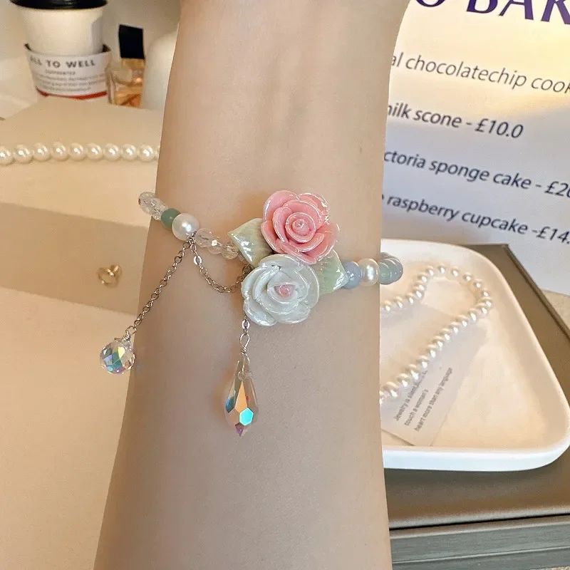 Summer small fresh flower bracelet exquisite ceramic rose sea blue stone crystal hand string to send girlfriends girlfriend gift