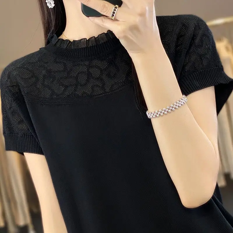 Korean Summer New Women\'s O-Neck Solid Lace Jacquard Weave Hollow Out Fashion Versatile Loose Short Sleeve T-Shirts Knit Tops