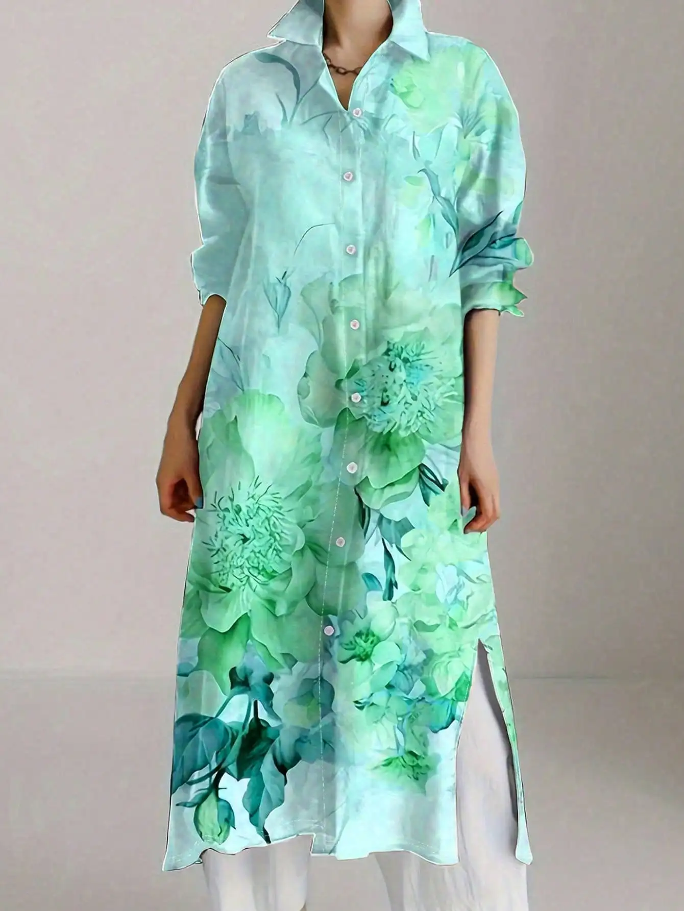 

Женское винтажное шикарное платье-рубашка с длинными рукавами больших размеров с цветочным принтом