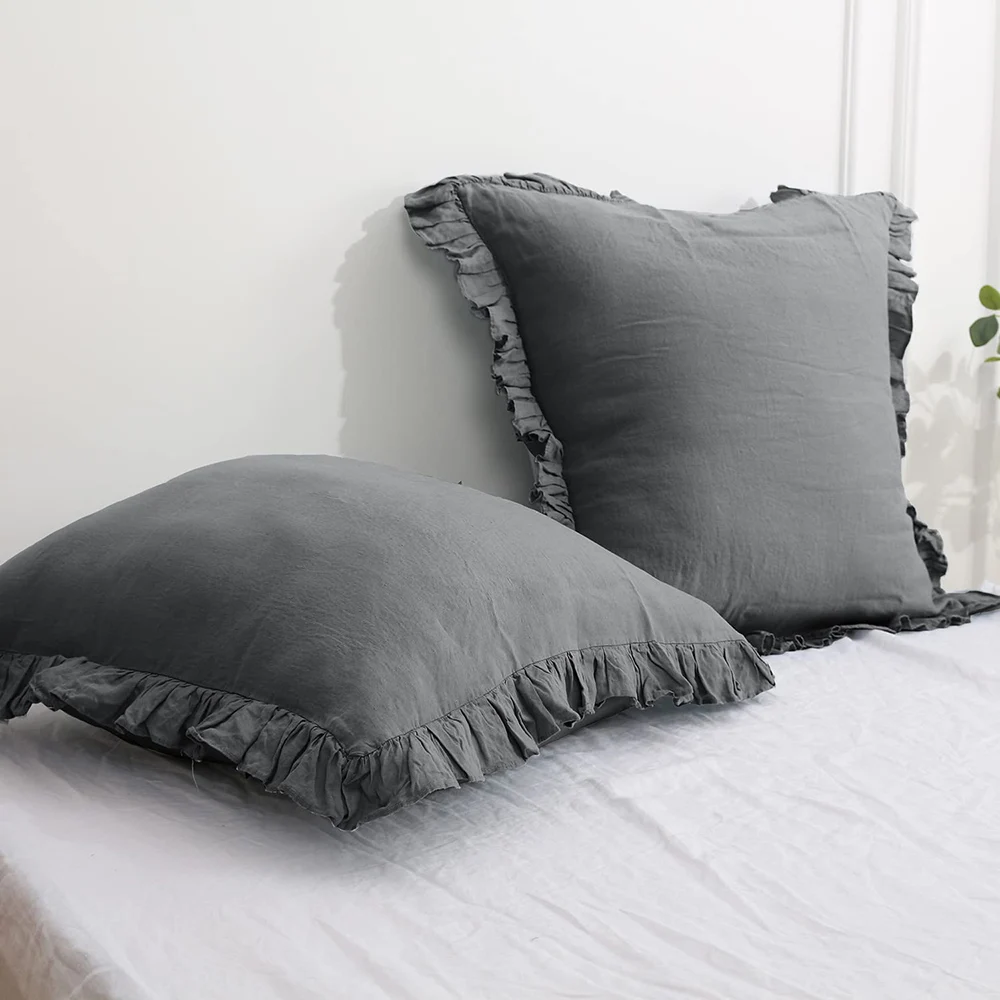 Simple&Opulence 100% Linen 2Pcs Solid Soft Pillow Case with Ruffle 26x26 Inch Home Decoration Breathable Pillow Cases Cover