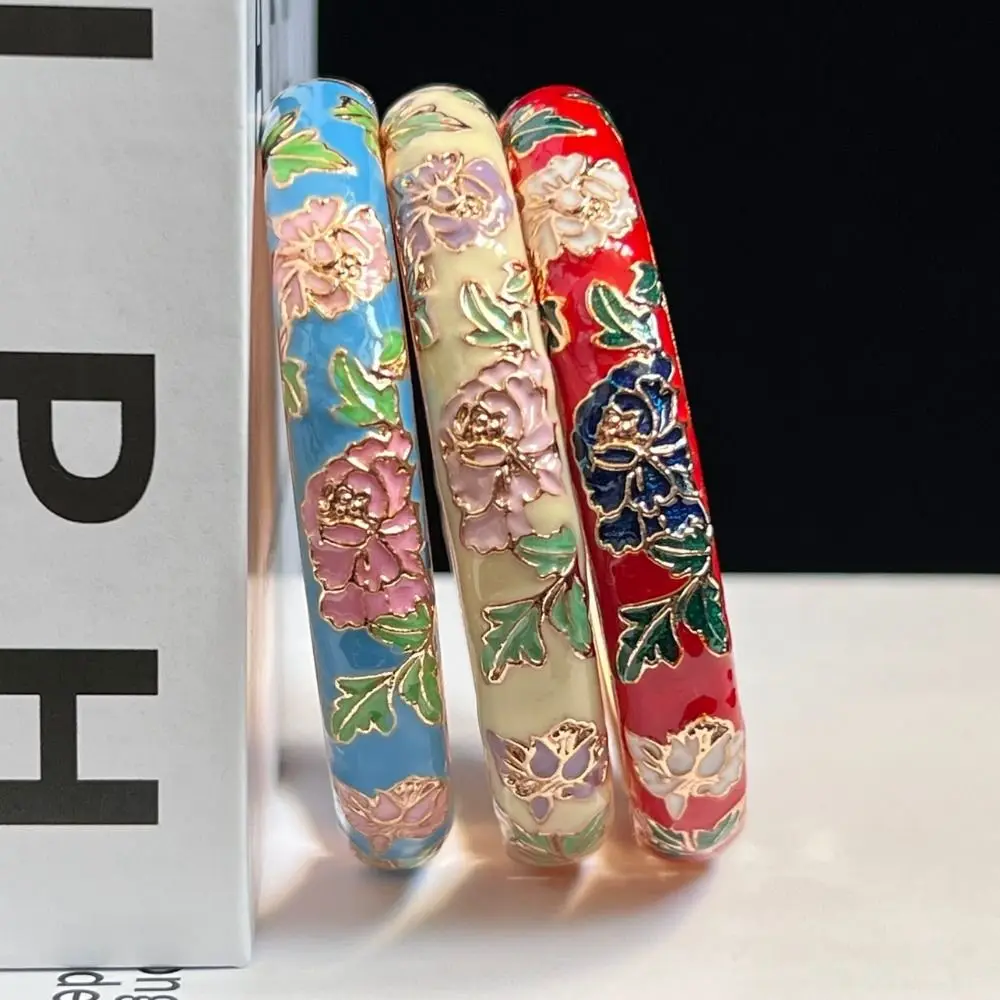 Enamel Chinese Cloisonne Bracelet Double Bangle Chinese Peony Filigree Flower Bangle Traditional Ethnic Women's Hand Bracelet