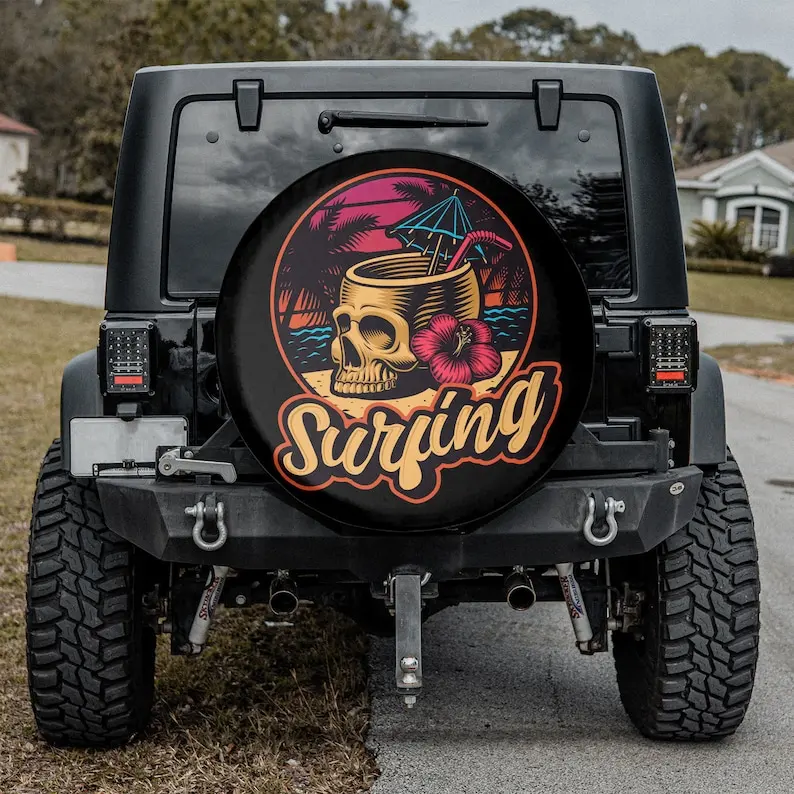 Surfing Skull Beach Vibes Spare Tire Cover, Gift For Truck Lover, Car Accessories, Skeleton Tire Cover, Summer Vacation, Father'