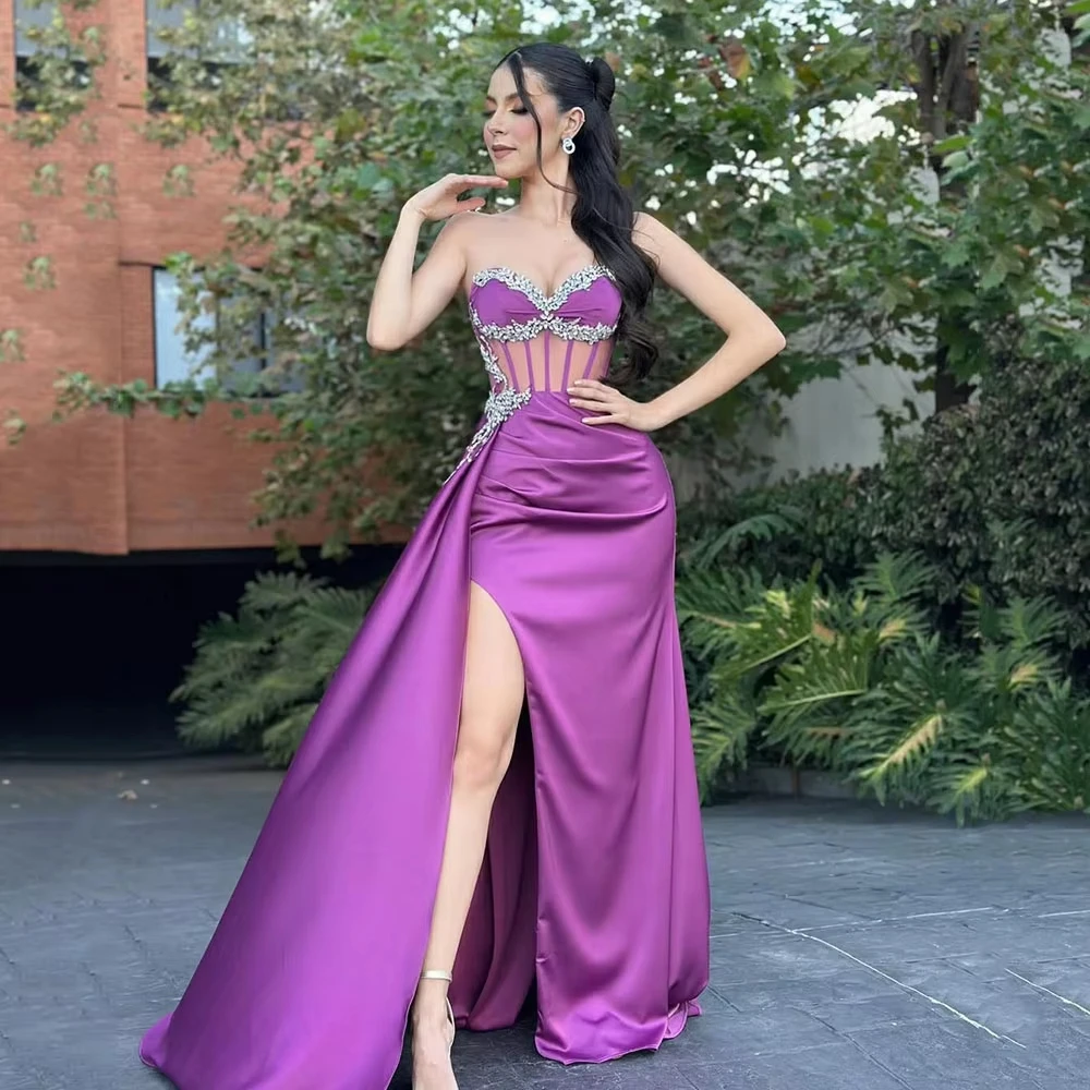 

Luxury Strapless Mermaid Prom Dress Sexy Sleeveless Glitter Formal Wedding Party Dress High Slit Women Evening Gowns Customized