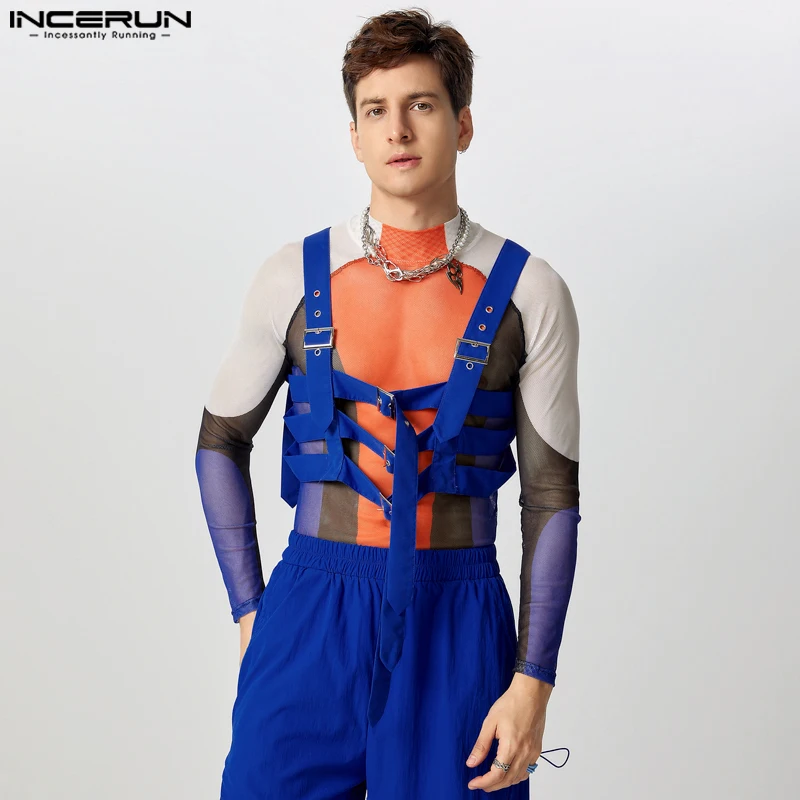 INCERUN Tops American Style Fashion Men's Deconstruction Buckle Design Cropped Vests Sexy Personality Solid Irregular Waistcoats