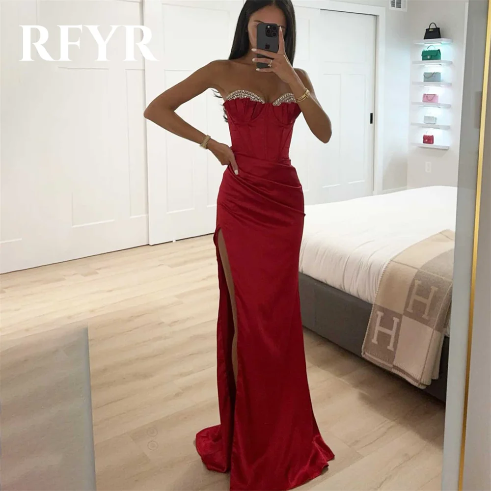 

RFYR Red Prom Dresses Sweetheart Trumpet Evening Dresses Pleats Satin Party Dress with Side Split Floor-length Vestidos De Noche