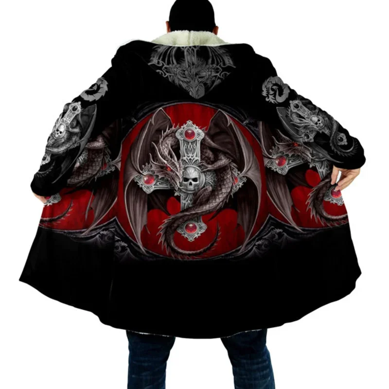 

Fashion men's winter hooded cloak Love Dragon tattoo 3D full body printing wool hooded cloak Unisex casual thickened warm cloak
