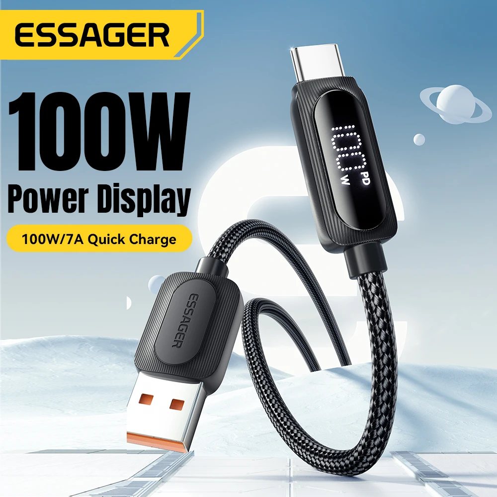 Essager 100W USB A to Type C Fast Charge Cable Type C Data Cord for Xiaomi Samsung Huawei Realme With Led Digital Display Cable