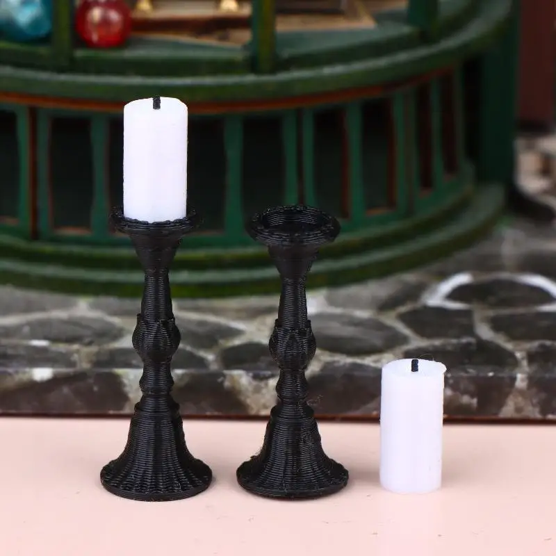 2Pcs Miniature Retro Candle Holder Set With 2 Candles Dollhouse Simulation Candlestick Model Dolls House Mini Scene Decoration