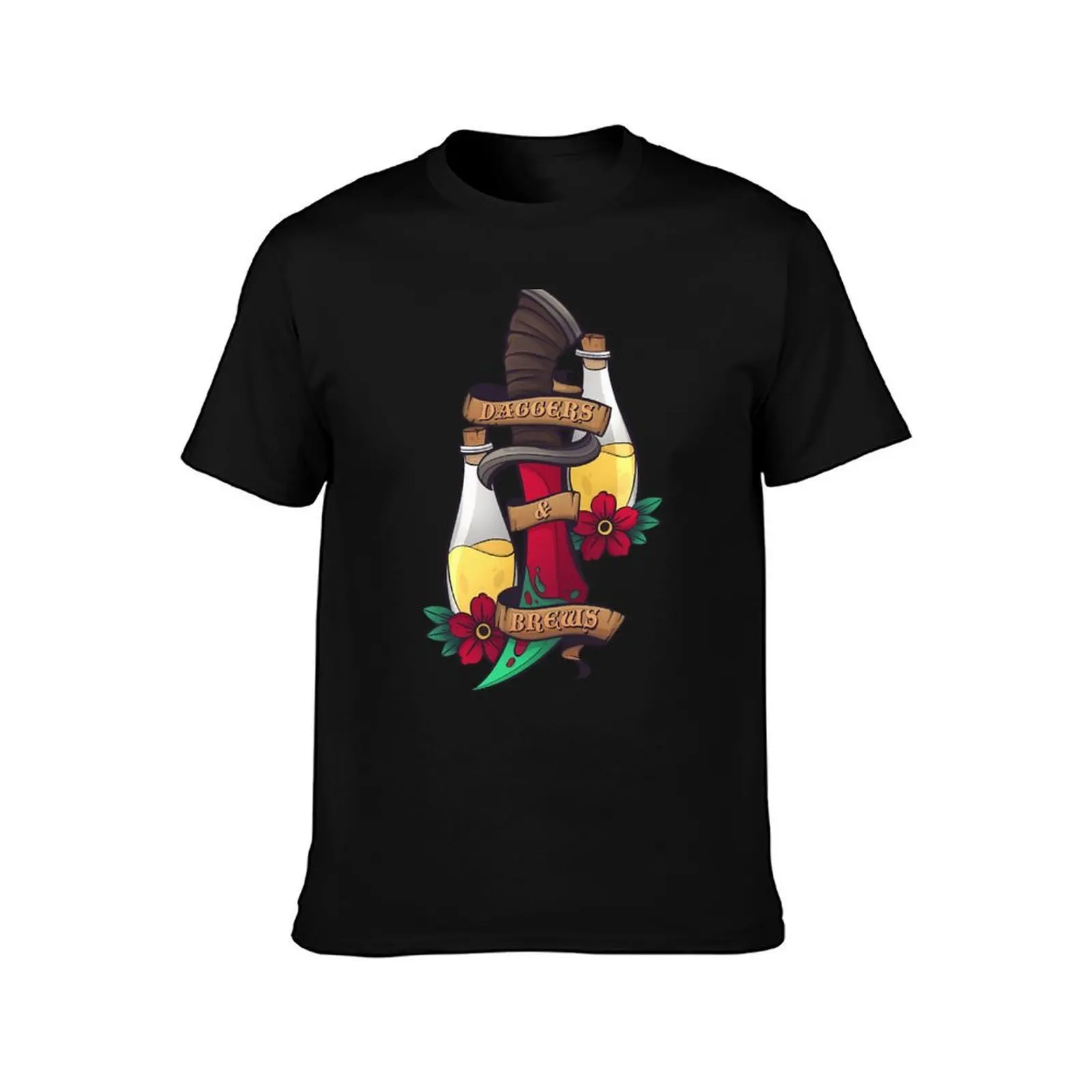 Daggers _amp_ Brews T-Shirt, Summer Casual Cotton Tee, Oversized Streetwear Tops, Vintage Graphic Print, Loose Fit Short Sleeve