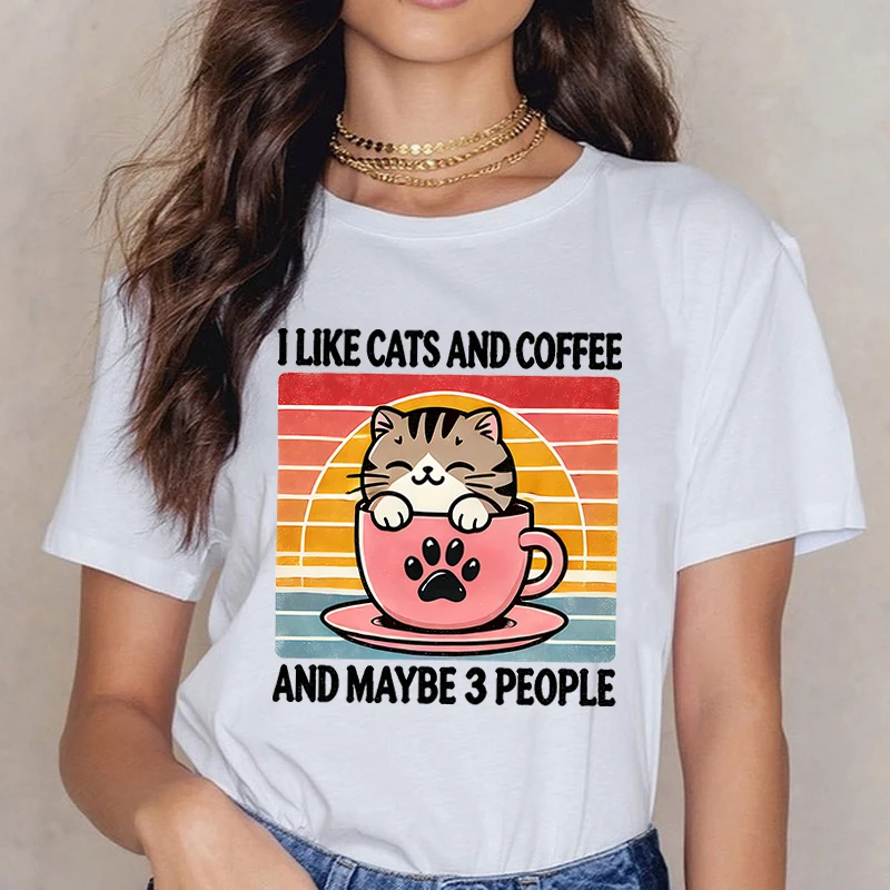 القط أنا أحب القطط والقهوة وربما 3 أشخاص تي شيرت مطبوع النساء الرجال الصيف عادية كم قصير الجولة الرقبة بلايز موضة تي شيرت