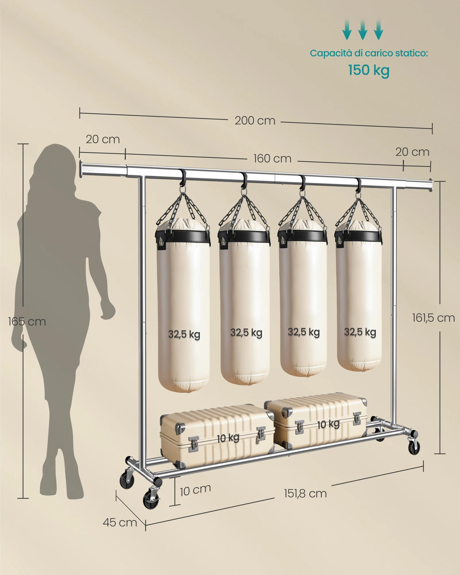 حامل SONGMICS Appendiabiti con Ruote، Portata Totale 150 كجم، 45 × (160-200) × 161 سم، أرجنتو/نيرو #6