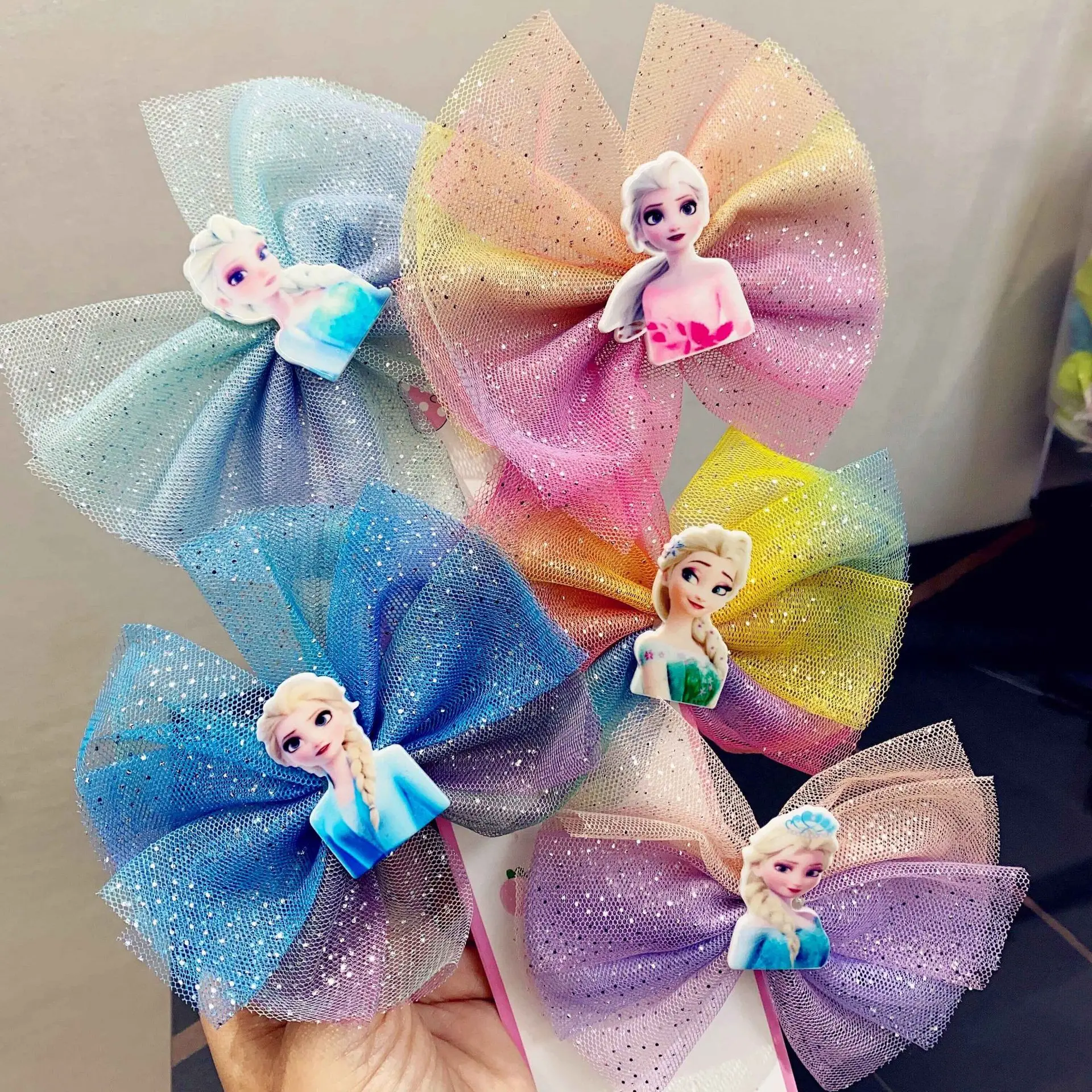 

5PcsDisney Princess Elsa Children's Hair Clip Princess Bow Rainbow Gradient Little Girl Cute Hair Accessories Headwear Girl Gift